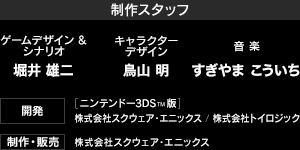 【制作スタッフ】ゲームデザイン＆シナリオ：堀井 雄二 / キャラクターデザイン：鳥山 明 / 音楽：すぎやま こういち 、 開発：[ニンテンドー3DS™版] 株式会社スクウェア・エニックス , 株式会社トイロジック 、 制作・販売：株式会社スクウェア・エニックス