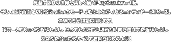 見渡す限りの世界を美しく描くPlayStation®4版、そして上下画面を切り替えて2つのモードで遊ぶことができるニンテンドー3DS™版。体験できる物語は同じです。家で一人でじっくり遊ぶもよし、いつでもどこでも場所と時間を選ばずに遊ぶもよし、あなたに合ったスタイルで冒険をはじめよう！