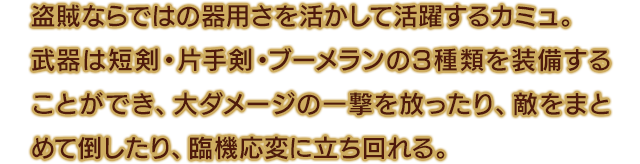 盗賊ならではの器用さを活かして活躍するカミュ。武器は短剣・片手剣・ブーメランの3種類を装備することができ、大ダメージの一撃を放ったり、敵をまとめて倒したり、臨機応変に立ち回れる。