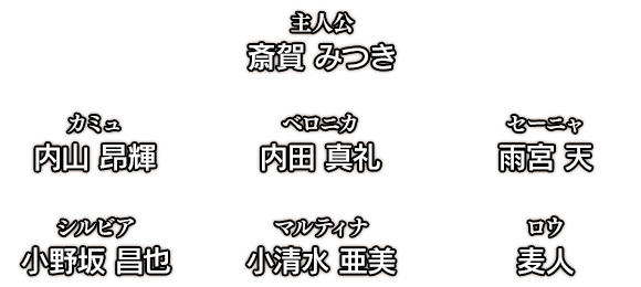 主人公：斎賀 みつき／カミュ：内山 昂輝／ベロニカ：内田 真礼／セーニャ：雨宮 天／シルビア：小野坂　昌也／マルティナ：小清水 亜美／ロウ：麦人