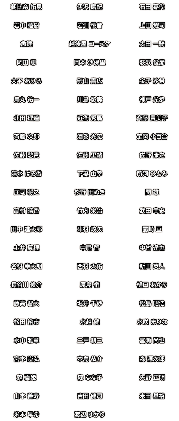 朝比奈 拓見／伊沢 磨紀／石田 嘉代／岩中 睦樹／岩淵 桃音／上田 燿司／魚建／越後屋 コースケ／太田 一騎／岡田 恵／岡本 沙保里／荻沢 俊彦／大平 あひる／影山 貴広／金子 沙希／烏丸 祐一／川島 悠美／神戸 光歩／北田 理道／近衛 秀馬／斉藤 貴美子／斉藤 次郎／酒巻 光宏／定岡 小百合／佐藤 愁貴／佐藤 里緒／佐野 康之／清水 はる香／下妻 由幸／所河 ひとみ／庄司 将之／杉野 田ぬき／関 雄／高村 晴香／竹内 栄治／武田 幸史／田中 進太郎／津村 峻矢／露崎 亘／土井 真理／中尾 智／中村 達也／名村 幸太朗／西村 太佑／新田 英人／長谷川 俊介／原島 梢／樋口 あかり／藤高 智大／堀井 千砂／松島 昭浩／松田 裕市／水越 健／水咲 まりな／水中 雅章／三戸 耕三／宮瀬 尚也／宮本 崇弘／本島 恭介／森 源次郎／森 夏姫／森 なな子／矢野 正明／山本 善寿／吉田 健司／米田 基裕／米本 早希／渡辺 ゆかり