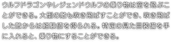 ウルフドラゴンやレジェンドウルフの乗り物は空を飛ぶことができる。大型の敵も吹き飛ばすことができ、吹き飛ばした敵からは経験値を得られる。特定の見た目装備を手に入れると、乗り物にすることができる。