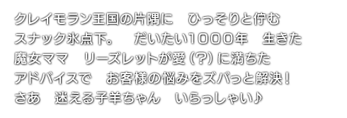 クレイモラン王国の片隅に　ひっそりと佇む　スナック氷点下。　だいたい１０００年　生きた魔女ママ　リーズレットが愛（？）に満ちたアドバイスで　お客様の悩みをズバっと解決！さあ　迷える子羊ちゃん　いらっしゃい♪