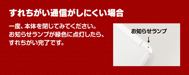 すれちがい通信がしにくい場合　一度、本体を閉じてみてください。お知らせランプが緑色に点灯したら、すれちがい完了です。