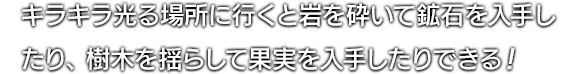 キラキラ光る場所に行くと岩を砕いて鉱石を入手したり、樹木を揺らして果実を入手したりできる！