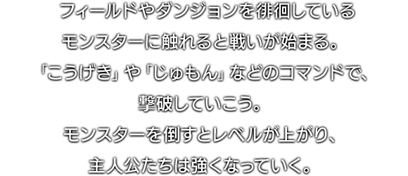 フィールドやダンジョンを徘徊しているモンスターに触れると戦いが始まる。「こうげき」や「じゅもん」などのコマンドで、撃破していこう。モンスターを倒すとレベルが上がり、主人公たちは強くなっていく。